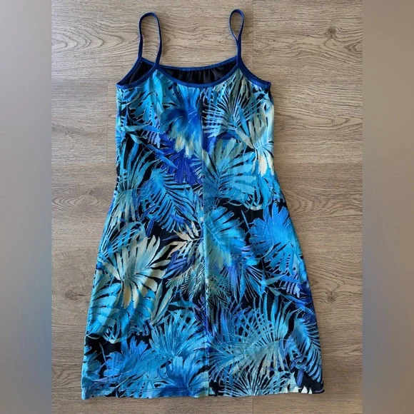 Vintage Y2K Tropical Blue Leaf Print Spaghetti Strap Mini Dress USA Made Size M - Picture 5 of 9